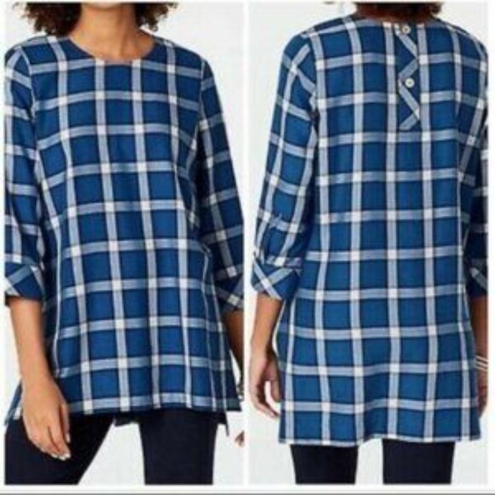 J. Jill Atlantic Plaid womens Tunic Hi Low 3/4‎ Sleeves Blue And White XS